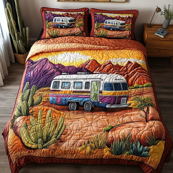 Retro Adventure quilted 3-piece bedding set on a made bed in a winter-styled bedroom