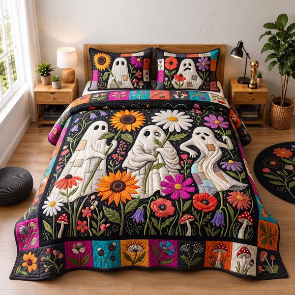 Retro Autumn quilted 3-piece bedding set on a made bed in a farmhouse bedroom