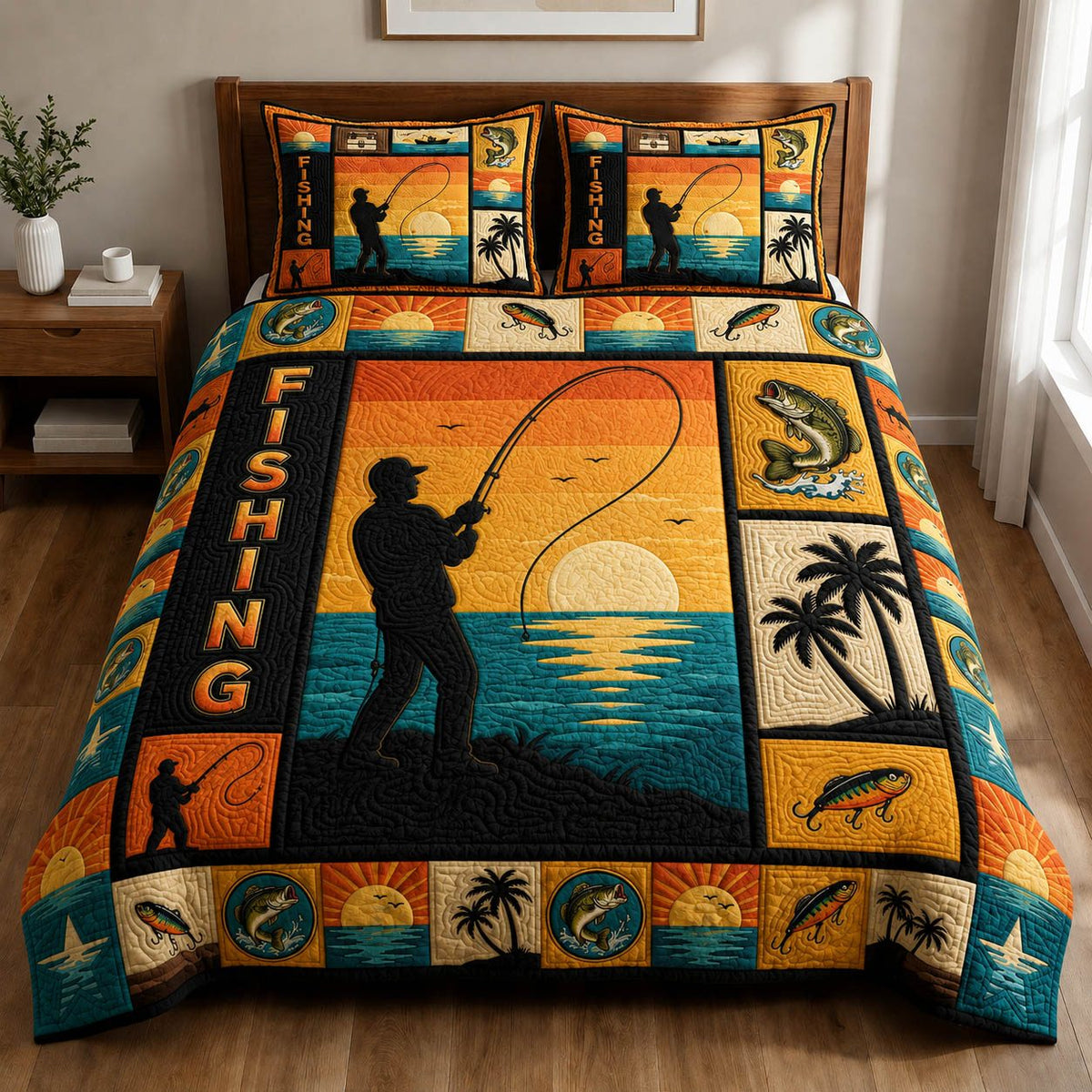 Retro Beach Fishing quilted 3-piece bedding set on a made bed in a light coastal bedroom