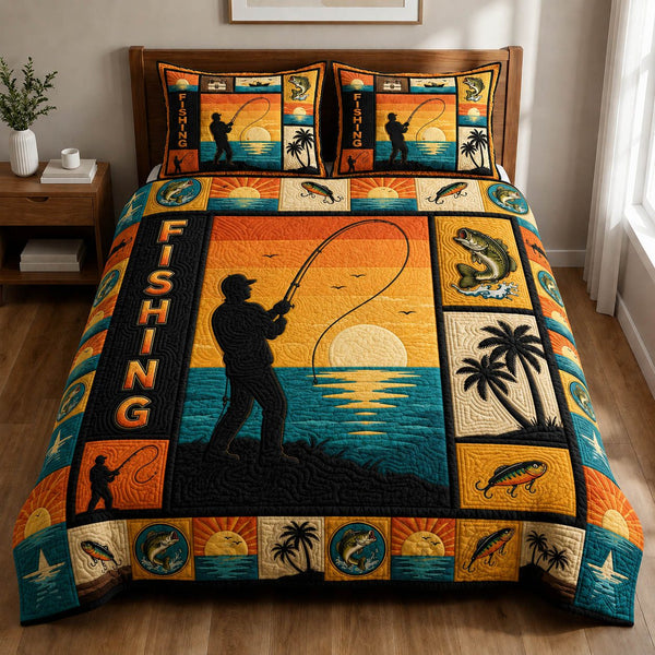 Retro Beach Fishing quilted 3-piece bedding set on a made bed in a light coastal bedroom
