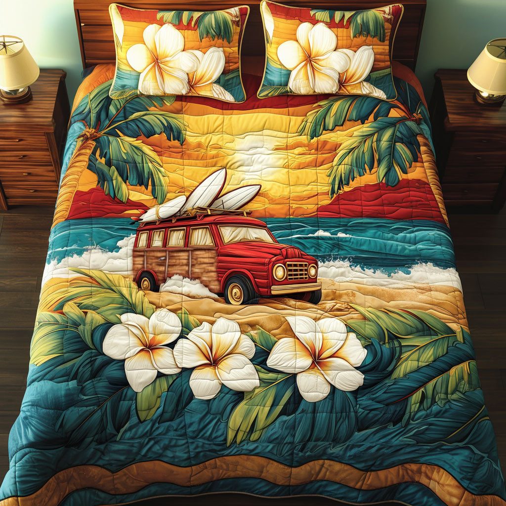 Retro Beachbound quilted 3-piece bedding set on a made bed in a light coastal bedroom