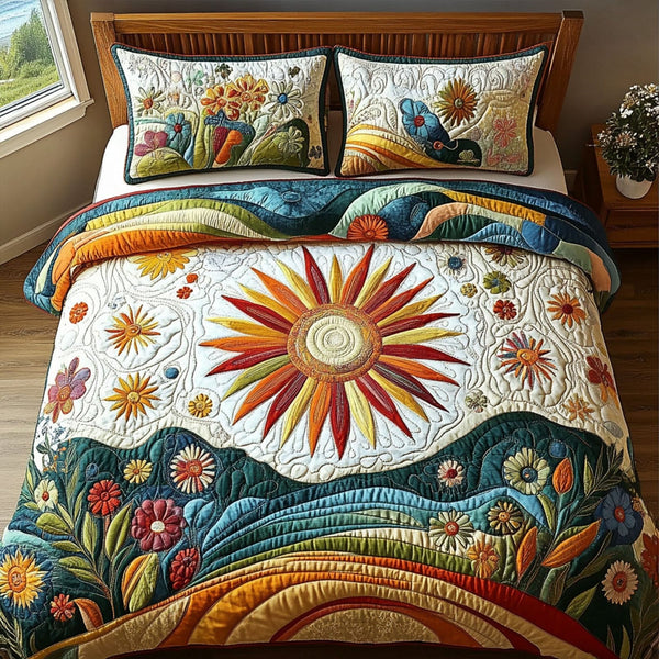 Retro Bloom quilted 3-piece bedding set on a made bed in a farmhouse bedroom