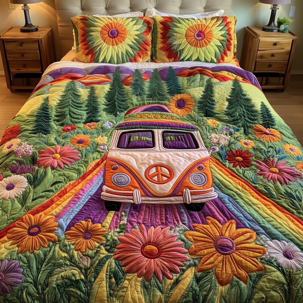 Retro Bloom quilted 3-piece bedding set on a made bed in a farmhouse bedroom