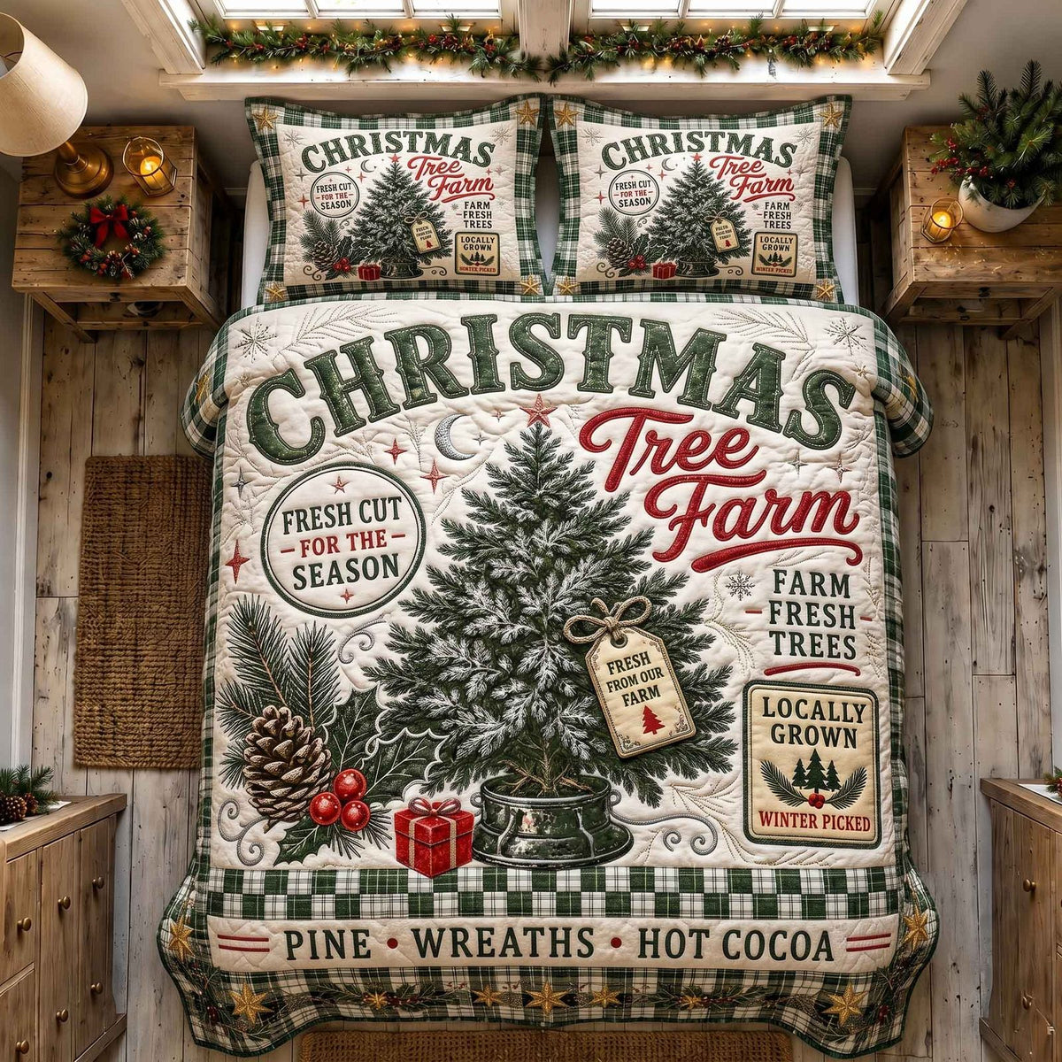 Retro Christmas Tree quilted 3-piece bedding set on a made bed in a winter-styled bedroom