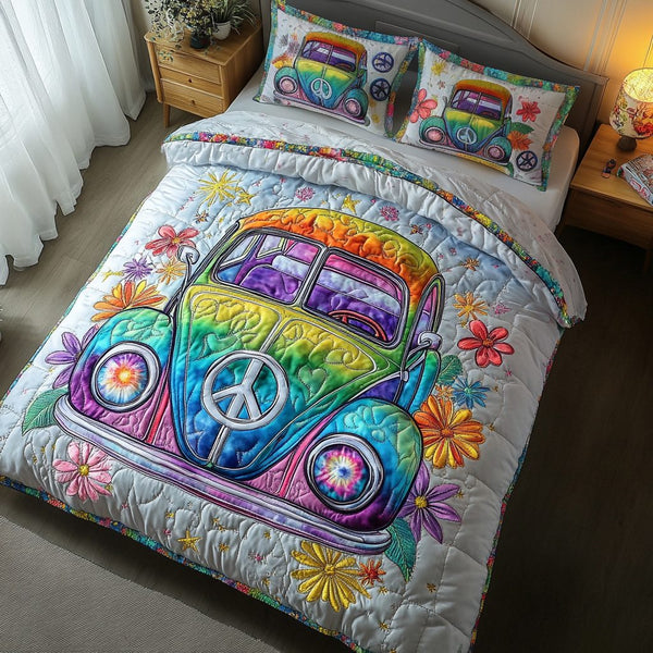 Retro Cruiser quilted 3-piece bedding set on a made bed in a farmhouse bedroom
