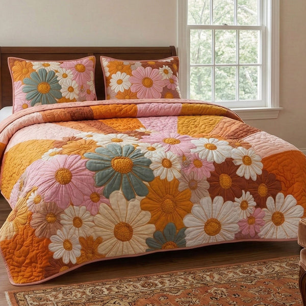 Retro Daisy Patch quilted 3-piece bedding set on a made bed in a farmhouse bedroom