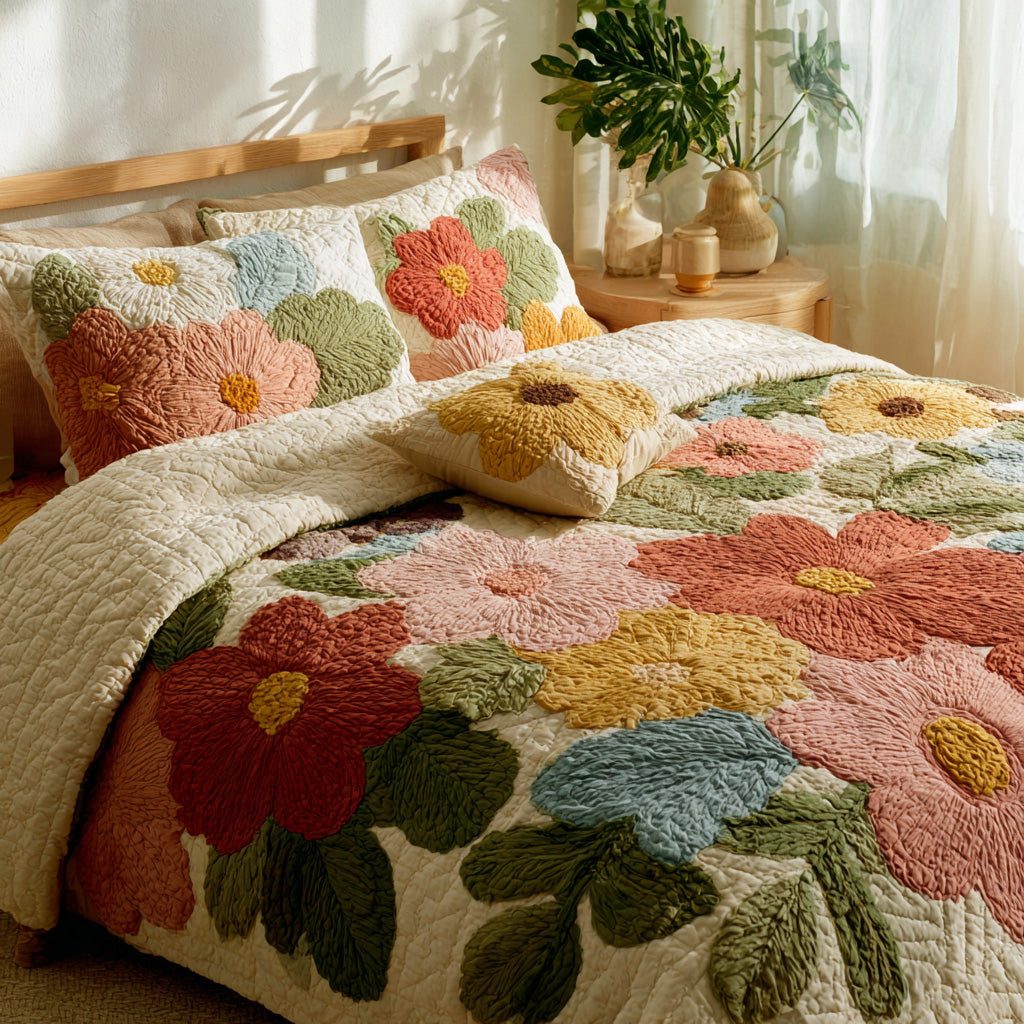 Retro Daisy Patchwork quilted 3-piece bedding set on a made bed in a farmhouse bedroom