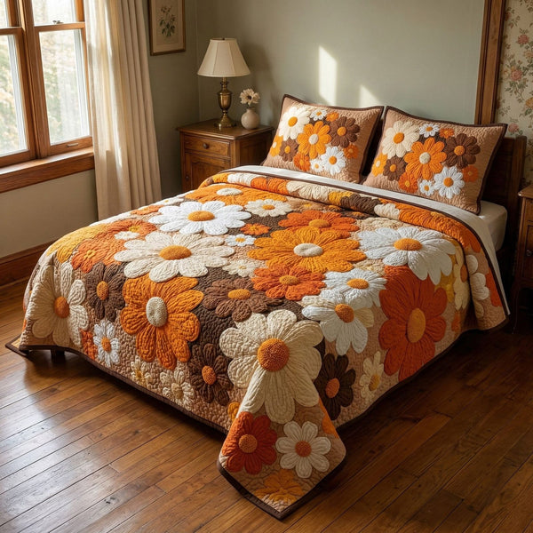 Retro Floral Harmony quilted 3-piece bedding set on a made bed in a farmhouse bedroom
