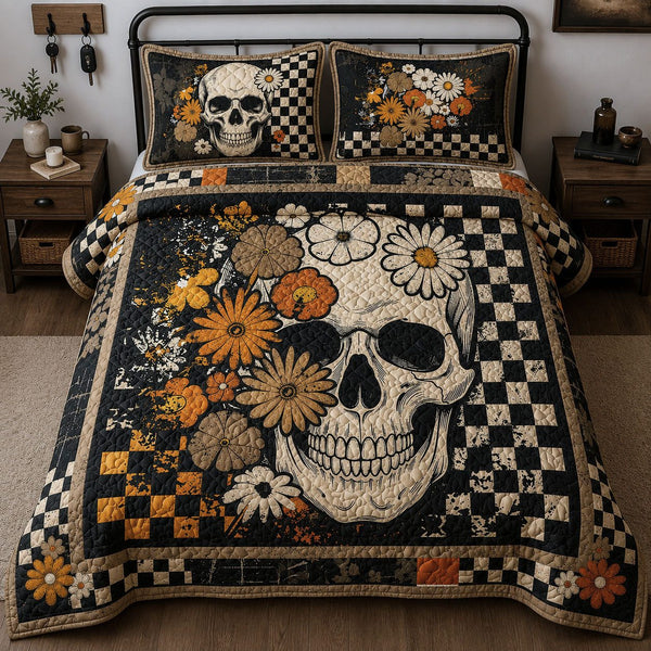 Retro Floral Skeleton quilted 3-piece bedding set on a made bed against a dark styled interior