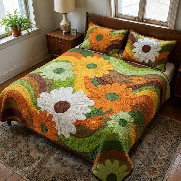 Retro Floral Waves quilted 3-piece bedding set on a made bed in a light coastal bedroom