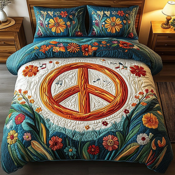 Retro Flower Power quilted 3-piece bedding set on a made bed in a farmhouse bedroom