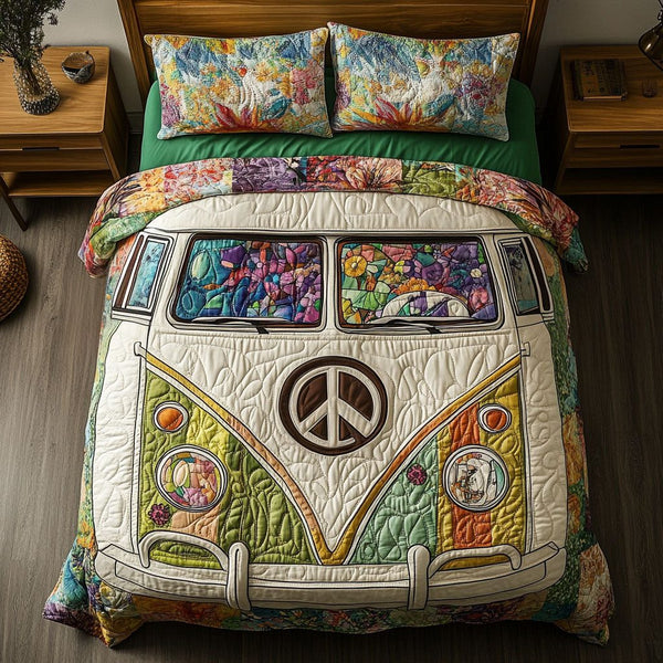 Retro Harmony Haven quilted 3-piece bedding set on a made bed in a farmhouse bedroom