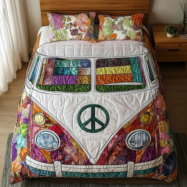 Retro Harmony quilted 3-piece bedding set on a made bed in a farmhouse bedroom