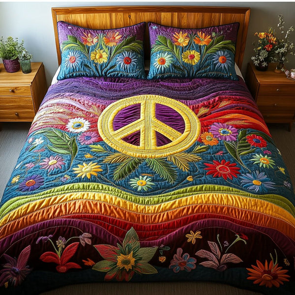 Retro Hippie quilted 3-piece bedding set on a made bed in a farmhouse bedroom