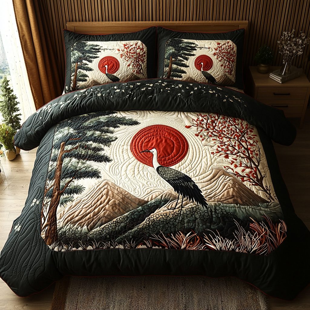 Retro Japanese Crane quilted 3-piece bedding set on a made bed in a farmhouse bedroom