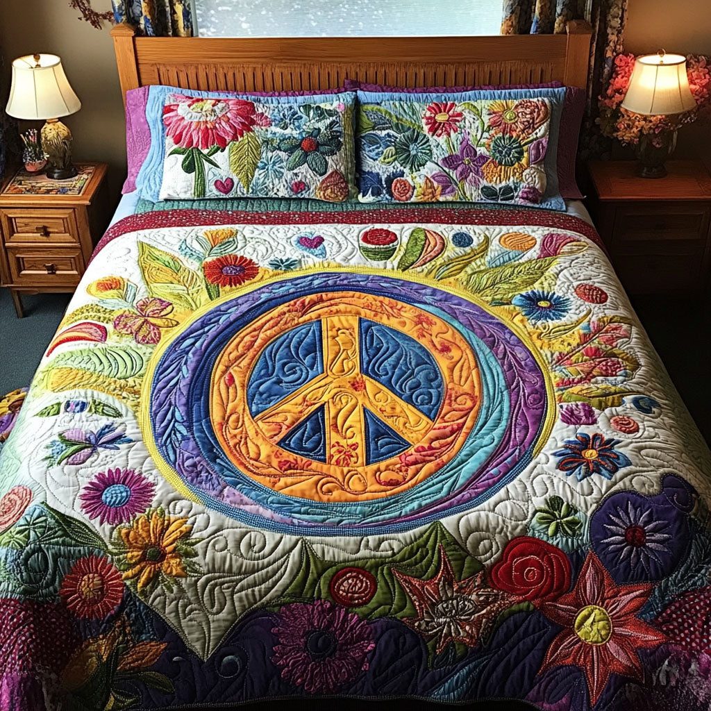Retro Love Peace quilted 3-piece bedding set on a made bed in a farmhouse bedroom