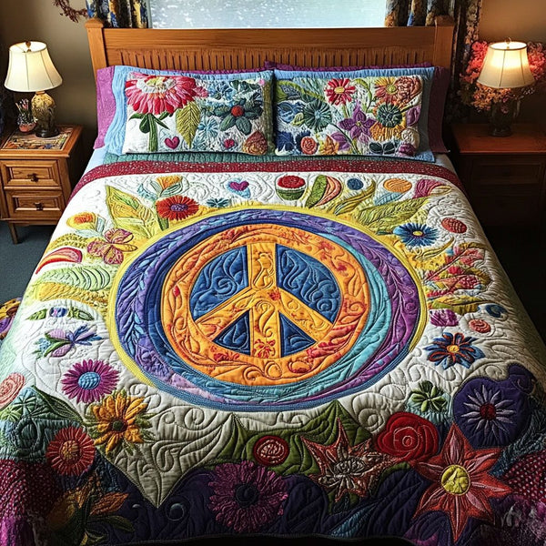 Retro Love Peace quilted 3-piece bedding set on a made bed in a farmhouse bedroom