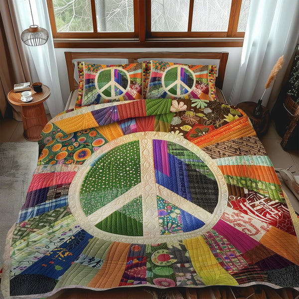 Retro Peace Sign quilted 3-piece bedding set on a made bed in a farmhouse bedroom