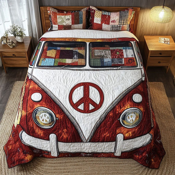 Retro Peace Van Red quilted 3-piece bedding set on a made bed in a farmhouse bedroom