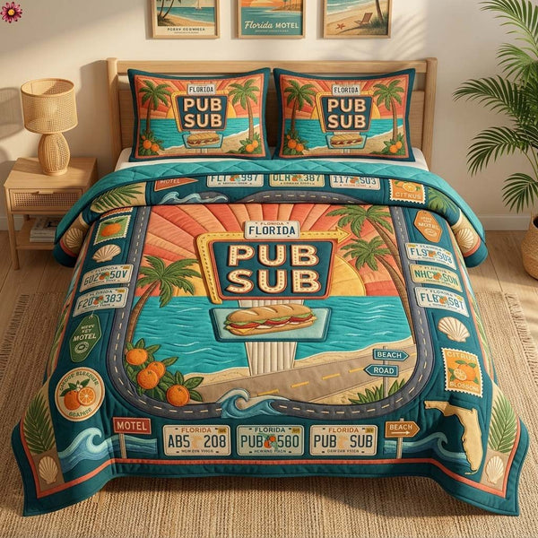 Retro Pub Sub quilted 3-piece bedding set on a made bed in a farmhouse bedroom