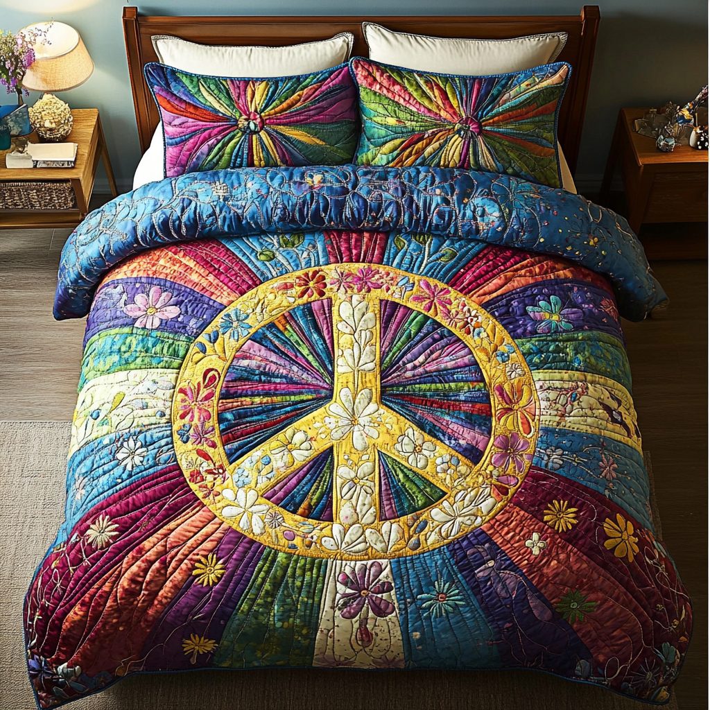 Retro Radiance quilted 3-piece bedding set on a made bed in a farmhouse bedroom