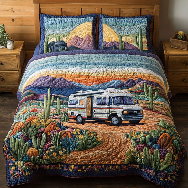 Retro Rambler quilted 3-piece bedding set on a made bed in a farmhouse bedroom