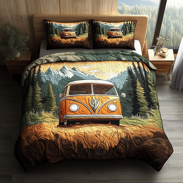 Retro Retreat quilted 3-piece bedding set on a made bed in a farmhouse bedroom