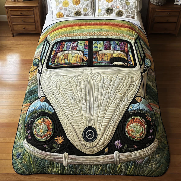 Retro Ride Life quilted 3-piece bedding set on a made bed in a farmhouse bedroom