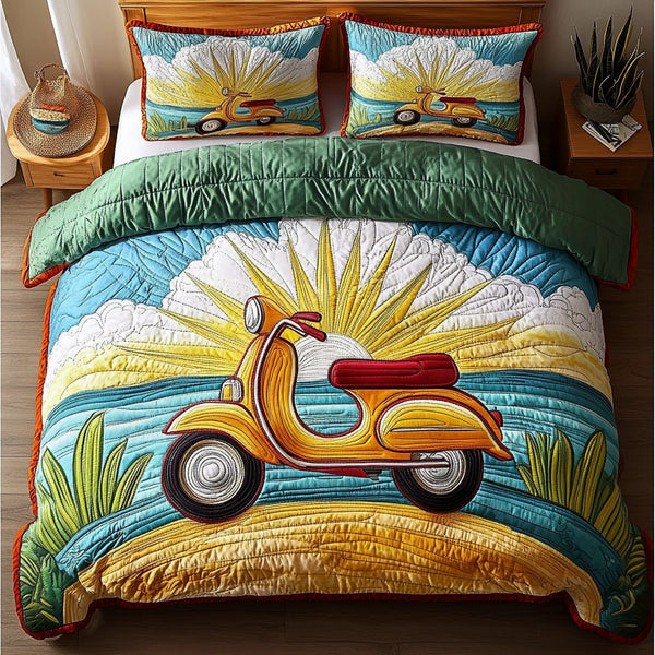 Retro Ride quilted 3-piece bedding set on a made bed in a farmhouse bedroom