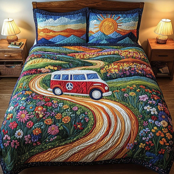 Retro Road Dreams quilted 3-piece bedding set on a made bed in a farmhouse bedroom