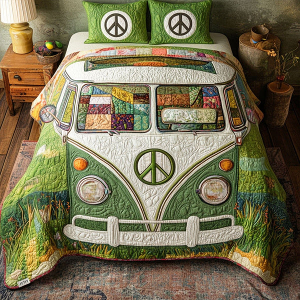 Retro Roadster Bliss quilted 3-piece bedding set on a made bed in a farmhouse bedroom