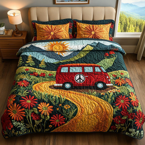 Retro Roadtrip quilted 3-piece bedding set on a made bed in a farmhouse bedroom