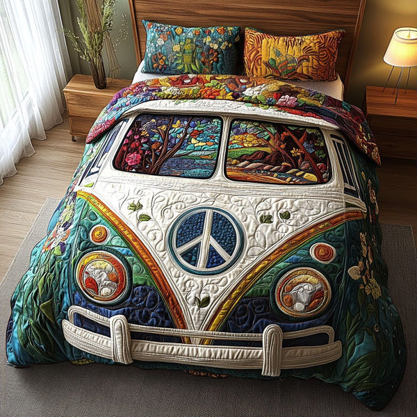 Retro Roadtrip Retreat quilted 3-piece bedding set on a made bed in a farmhouse bedroom