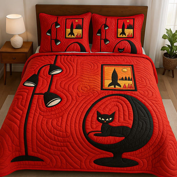 Retro Rocket Cat quilted 3-piece bedding set on a made bed in a farmhouse bedroom