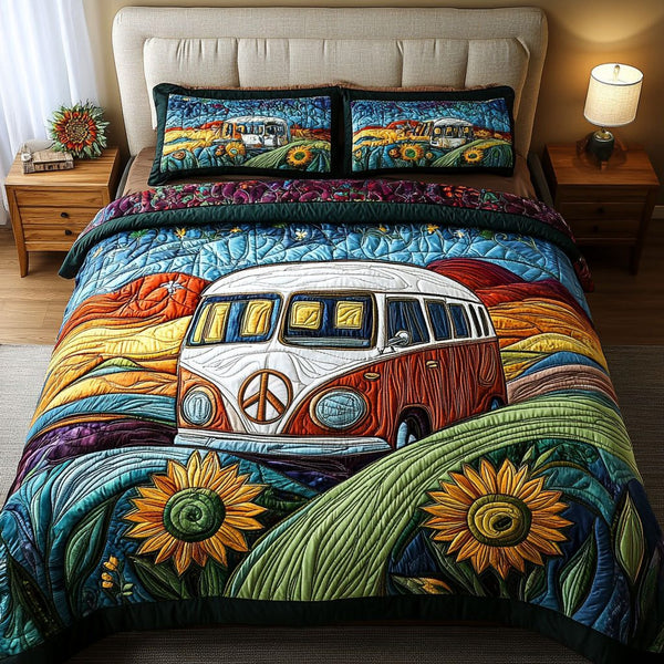 Retro Sun Chaser quilted 3-piece bedding set on a made bed in a farmhouse bedroom