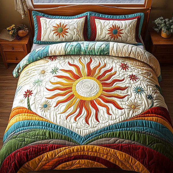 Retro Sunshine Vibes quilted 3-piece bedding set on a made bed in a farmhouse bedroom