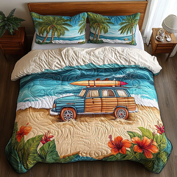 Retro Surf Wagon quilted 3-piece bedding set on a made bed in a light coastal bedroom
