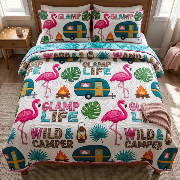 Retro Trailer quilted 3-piece bedding set on a made bed in a farmhouse bedroom