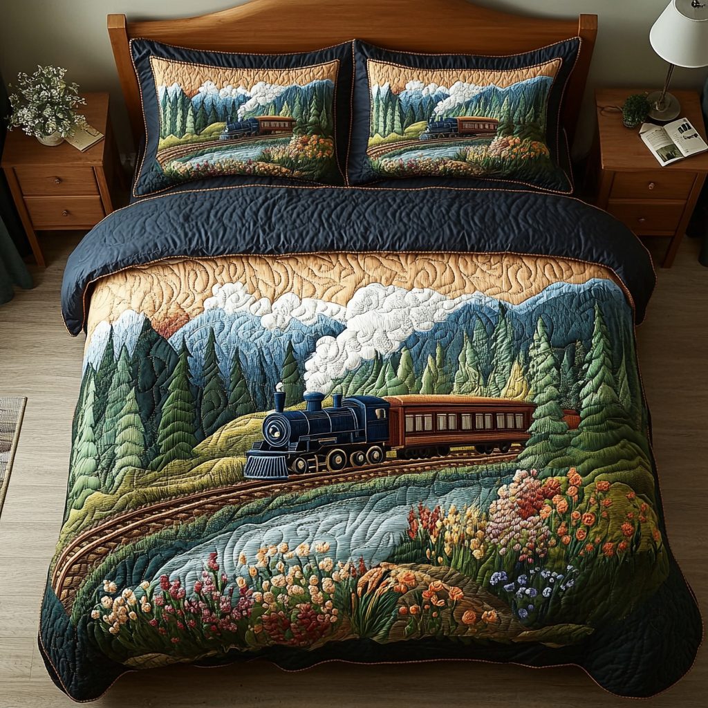 Retro Train quilted 3-piece bedding set on a made bed in a farmhouse bedroom