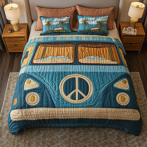 Retro Travel Dreams quilted 3-piece bedding set on a made bed in a farmhouse bedroom