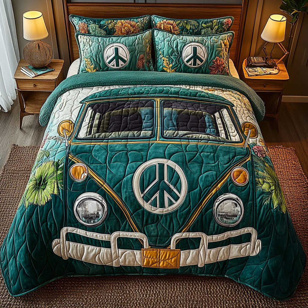 Retro Van Green quilted 3-piece bedding set on a made bed in a farmhouse bedroom