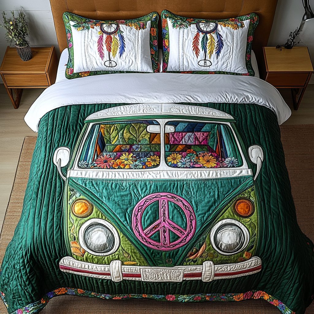 Retro Van quilted 3-piece bedding set on a made bed in a farmhouse bedroom