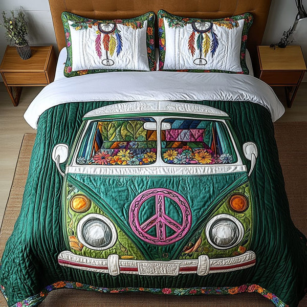 Retro Van quilted 3-piece bedding set on a made bed in a farmhouse bedroom