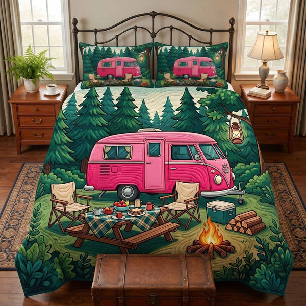 Retro Van quilted 3-piece bedding set on a made bed in a farmhouse bedroom