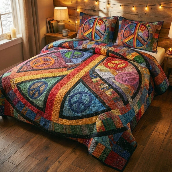 Retro Vibes quilted 3-piece bedding set on a made bed in a farmhouse bedroom