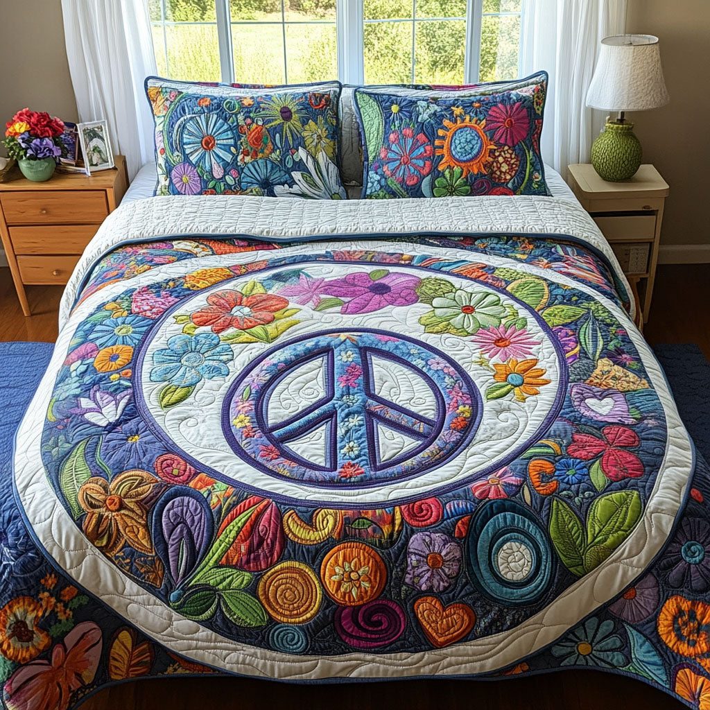 Retro Zen quilted 3-piece bedding set on a made bed in a farmhouse bedroom