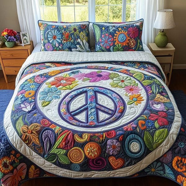 Retro Zen quilted 3-piece bedding set on a made bed in a farmhouse bedroom