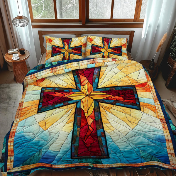 Reverent Cross quilted 3-piece bedding set on a made bed in a softly lit bedroom