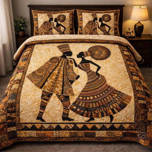 Rhythm Of Roots quilted 3-piece bedding set on a made bed with two matching pillow shams