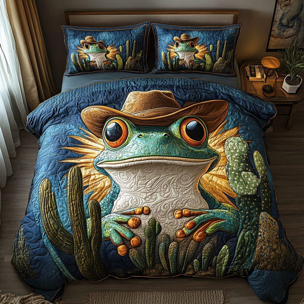 Ribbit Rodeo quilted 3-piece bedding set on a made bed in a rustic timber bedroom